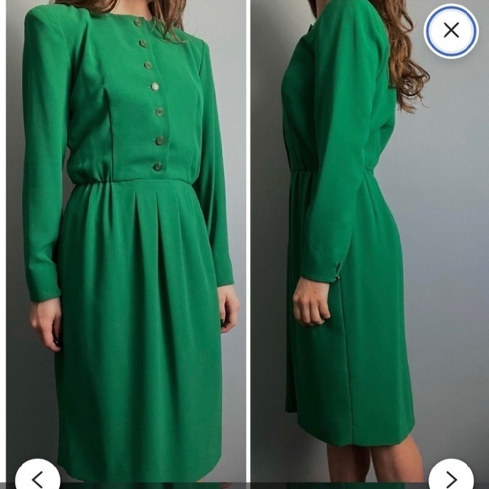 NWOT Vintage Liz Claiborne Green Blouson Pleated Midi Dress Size 8